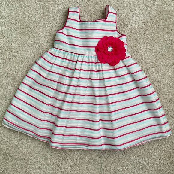Pippa & Julie Fancy Easter Dress Striped Pink Aqua Floral Girls Sz 2T - Picture 1 of 10